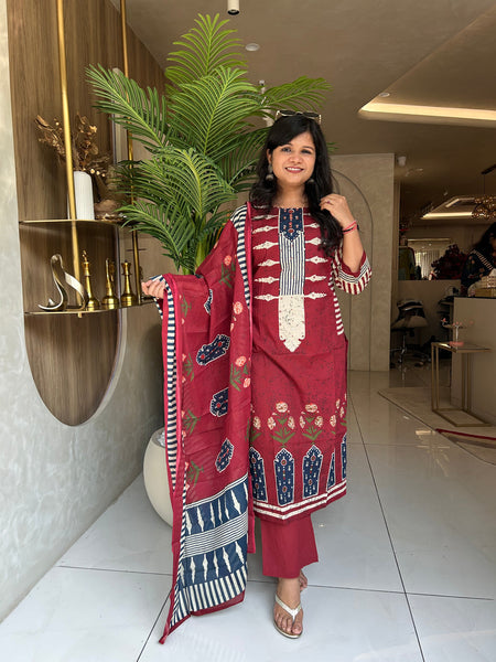 Printed Cotton Kurta Pant Set with Dupatta
