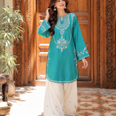 Teal Blue Embroidered Cotton Kurta Pant Set for Women