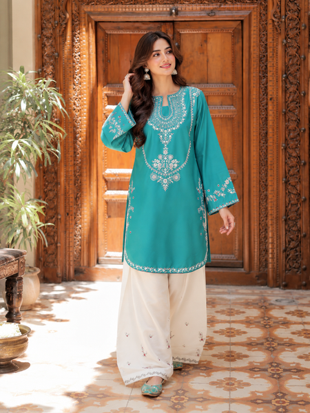 Teal Blue Embroidered Cotton Kurta Pant Set for Women
