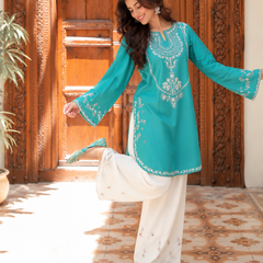 Teal Blue Embroidered Cotton Kurta Pant Set for Women