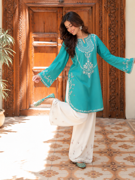 Teal Blue Embroidered Cotton Kurta Pant Set for Women