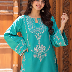 Teal Blue Embroidered Cotton Kurta Pant Set for Women