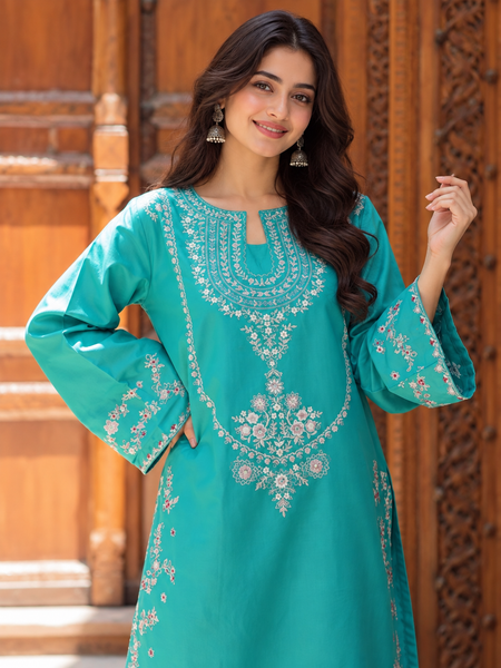 Teal Blue Embroidered Cotton Kurta Pant Set for Women