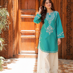 Teal Blue Embroidered Cotton Kurta Pant Set for Women