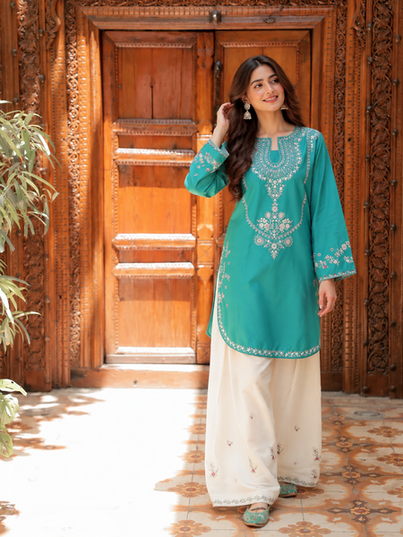 Teal Blue Embroidered Cotton Kurta Pant Set for Women