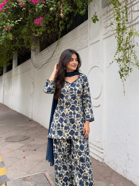 Floral Printed Cotton Farshi Suit Set with Dupatta