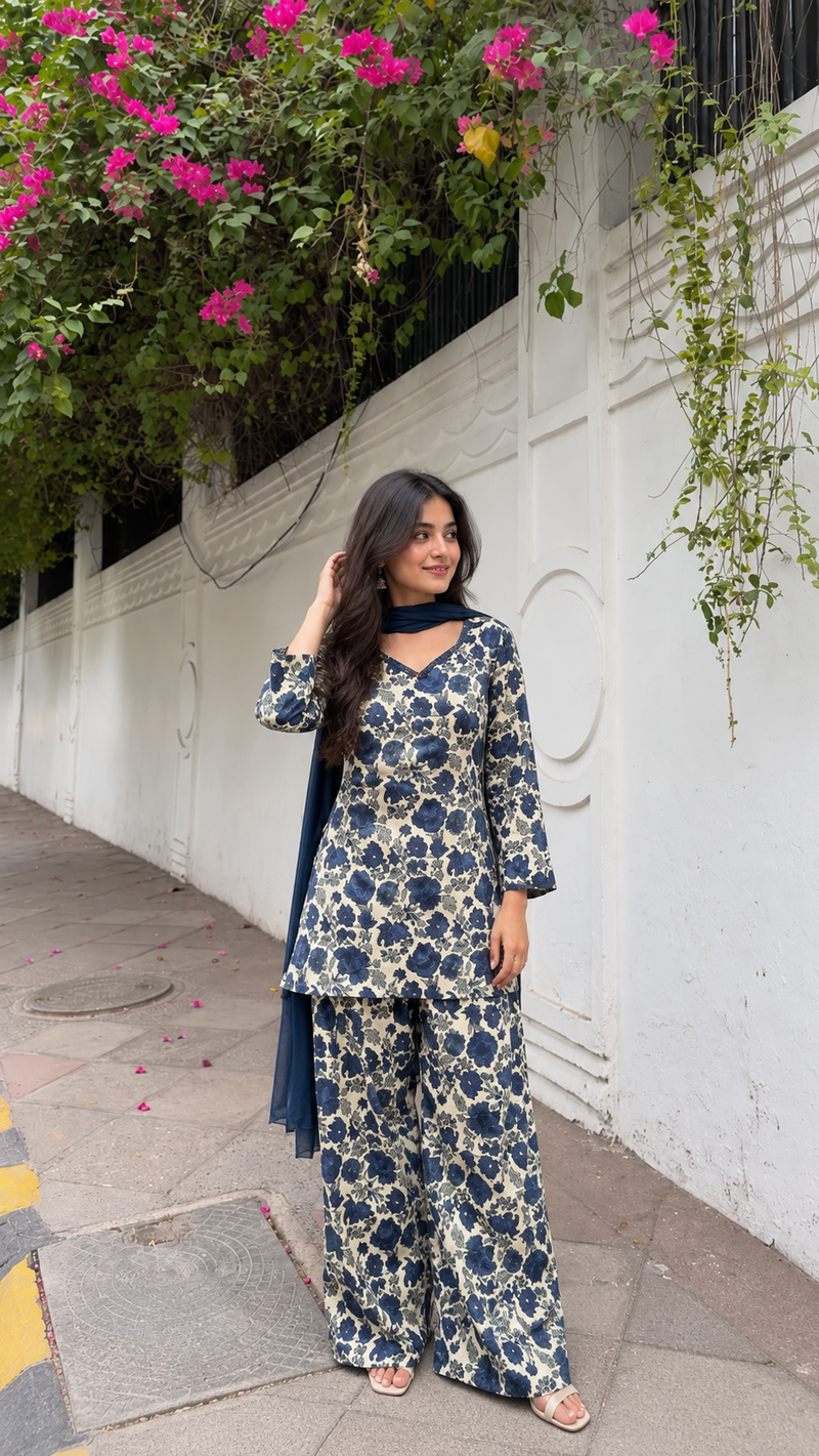 Floral Printed Cotton Farshi Suit Set with Dupatta
