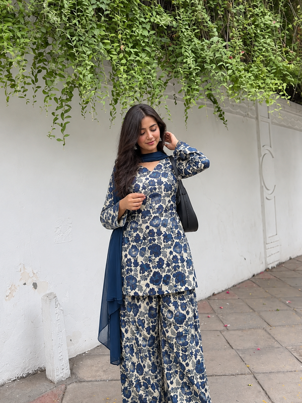 Floral Printed Cotton Farshi Suit Set with Dupatta