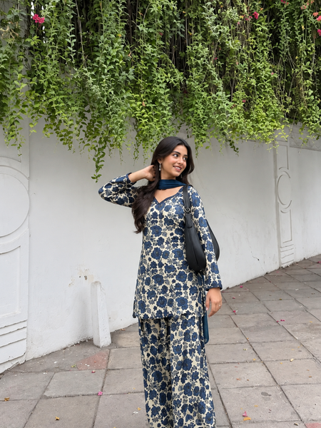 Floral Printed Cotton Farshi Suit Set with Dupatta
