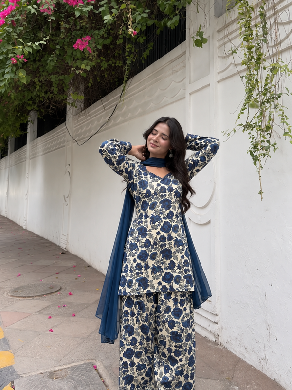 Floral Printed Cotton Farshi Suit Set with Dupatta
