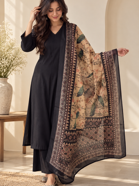 Black Cotton Kurta Set with Dupatta