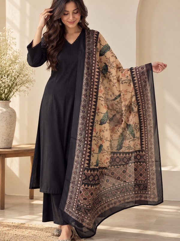 Black Cotton Kurta Set with Dupatta