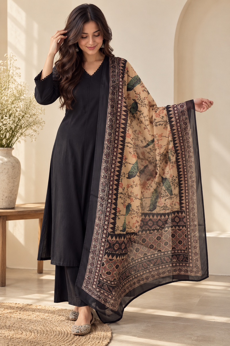 Black Cotton Kurta Set with Dupatta