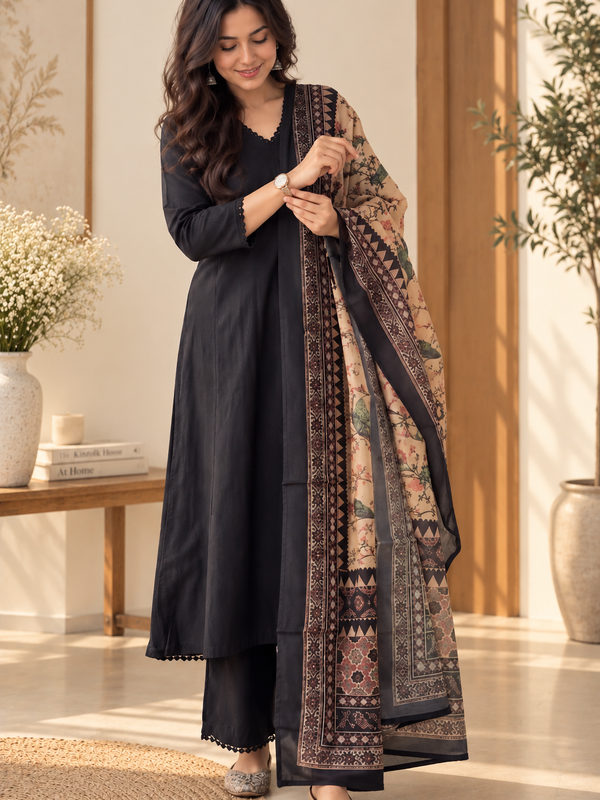 Black Cotton Kurta Set with Dupatta