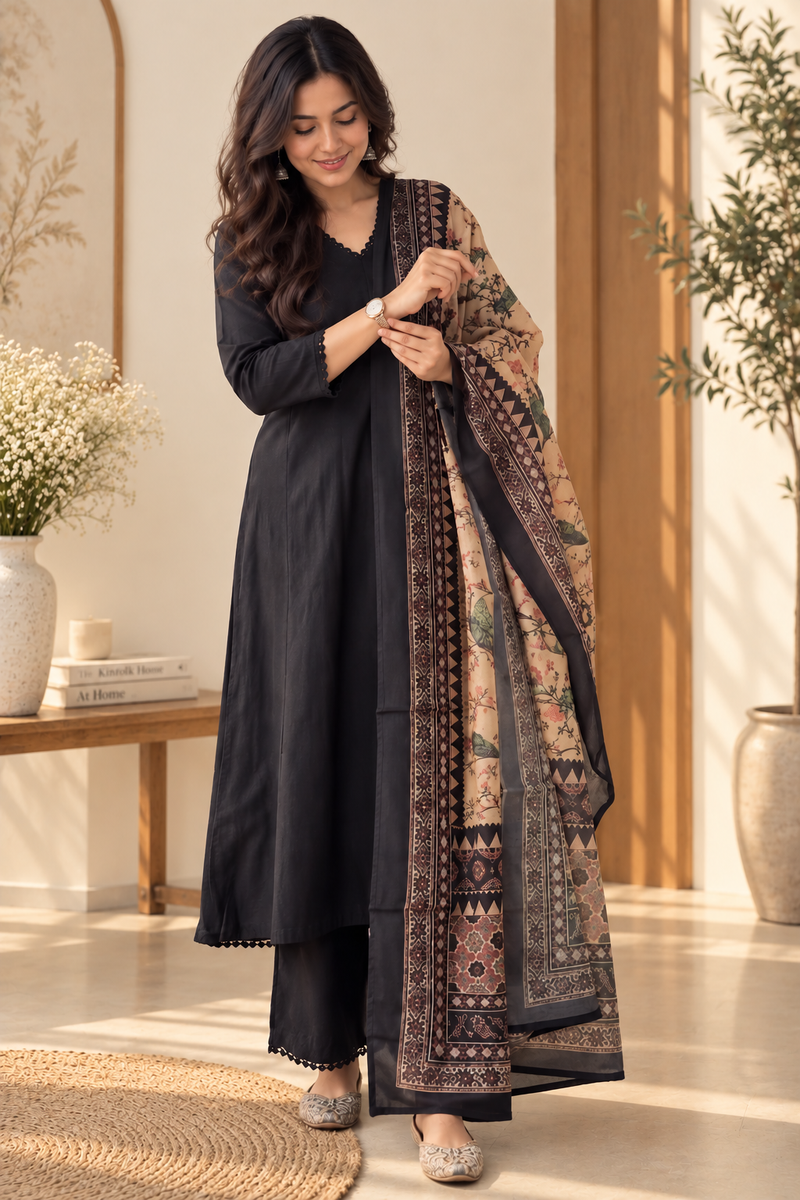 Black Cotton Kurta Set with Dupatta