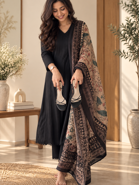 Black Cotton Kurta Set with Dupatta
