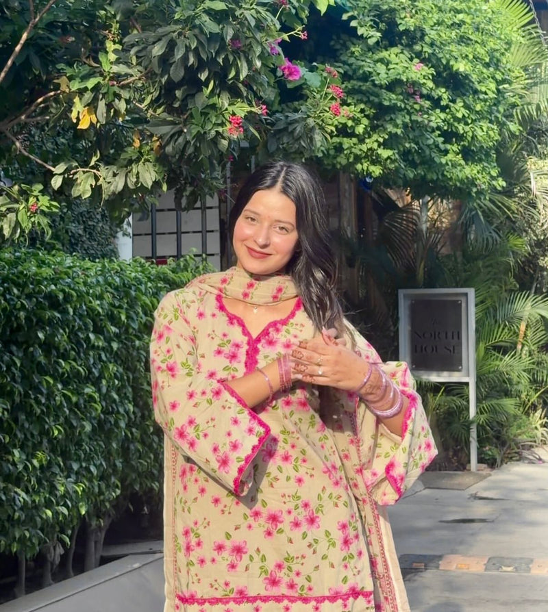 Floral Printed Kurta Set with Palazzo & Dupatta