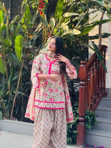Floral Printed Kurta Set with Palazzo & Dupatta