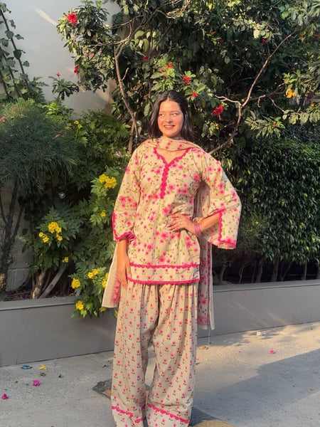 Floral Printed Kurta Set with Palazzo & Dupatta