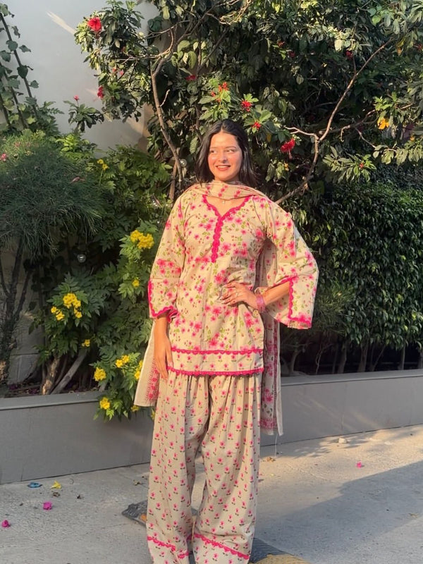 Floral Printed Kurta Set with Palazzo & Dupatta
