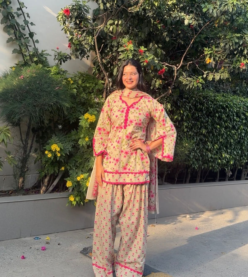 Floral Printed Kurta Set with Palazzo & Dupatta