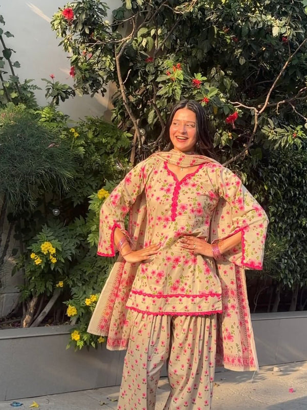Floral Printed Kurta Set with Palazzo & Dupatta