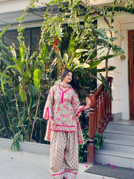 Floral Printed Kurta Set with Palazzo & Dupatta