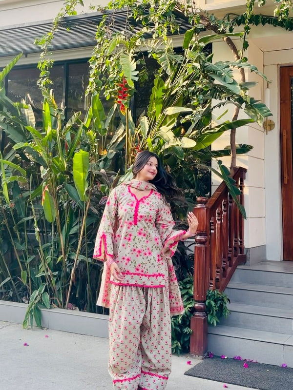 Floral Printed Kurta Set with Palazzo & Dupatta