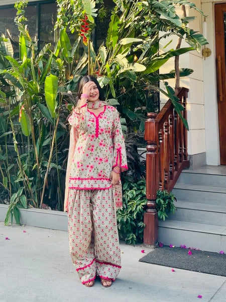 Floral Printed Kurta Set with Palazzo & Dupatta