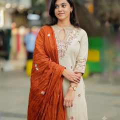 Embroidered Cotton Kurti Set with Mul Cotton Dupatta