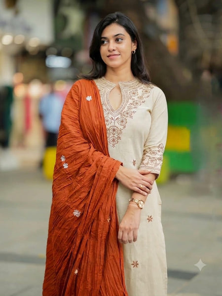 Embroidered Cotton Kurti Set with Mul Cotton Dupatta