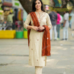 Embroidered Cotton Kurti Set with Mul Cotton Dupatta