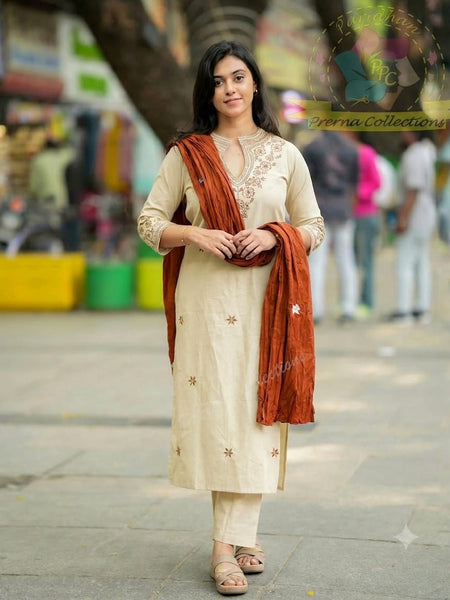 Embroidered Cotton Kurti Set with Mul Cotton Dupatta