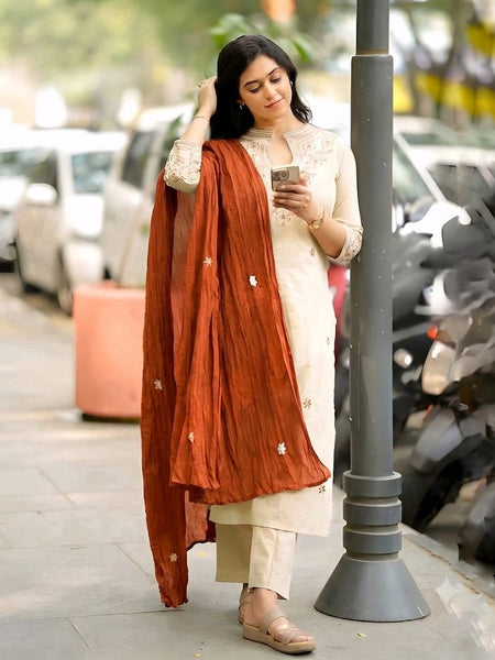 Embroidered Cotton Kurti Set with Mul Cotton Dupatta