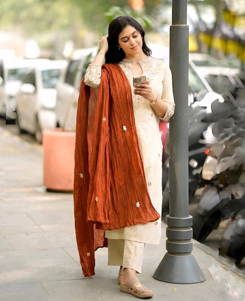 Embroidered Cotton Kurti Set with Mul Cotton Dupatta
