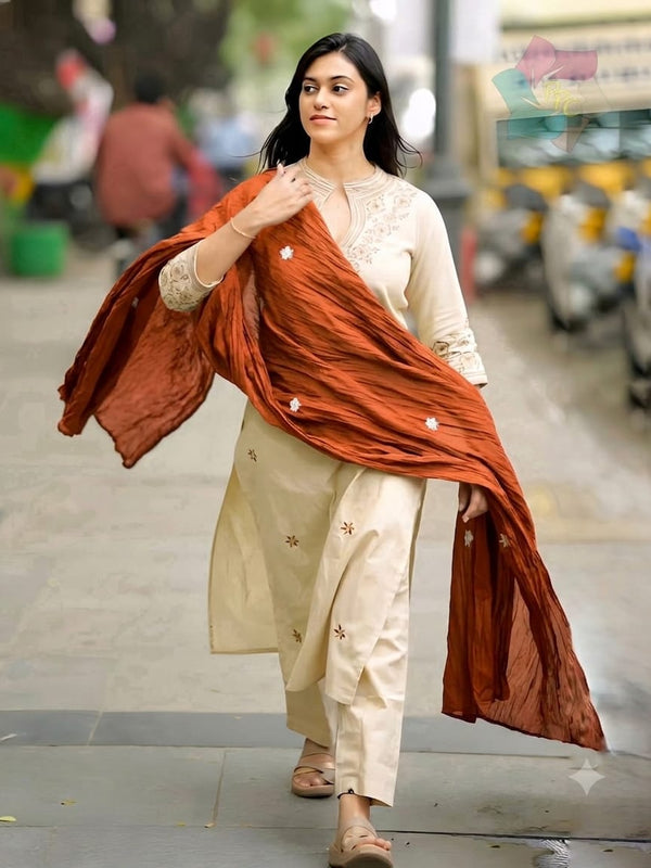 Embroidered Cotton Kurti Set with Mul Cotton Dupatta