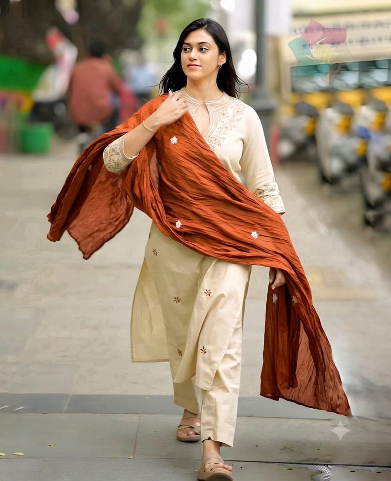 Embroidered Cotton Kurti Set with Mul Cotton Dupatta
