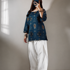 Blue Cotton Boho Print Farshi Set