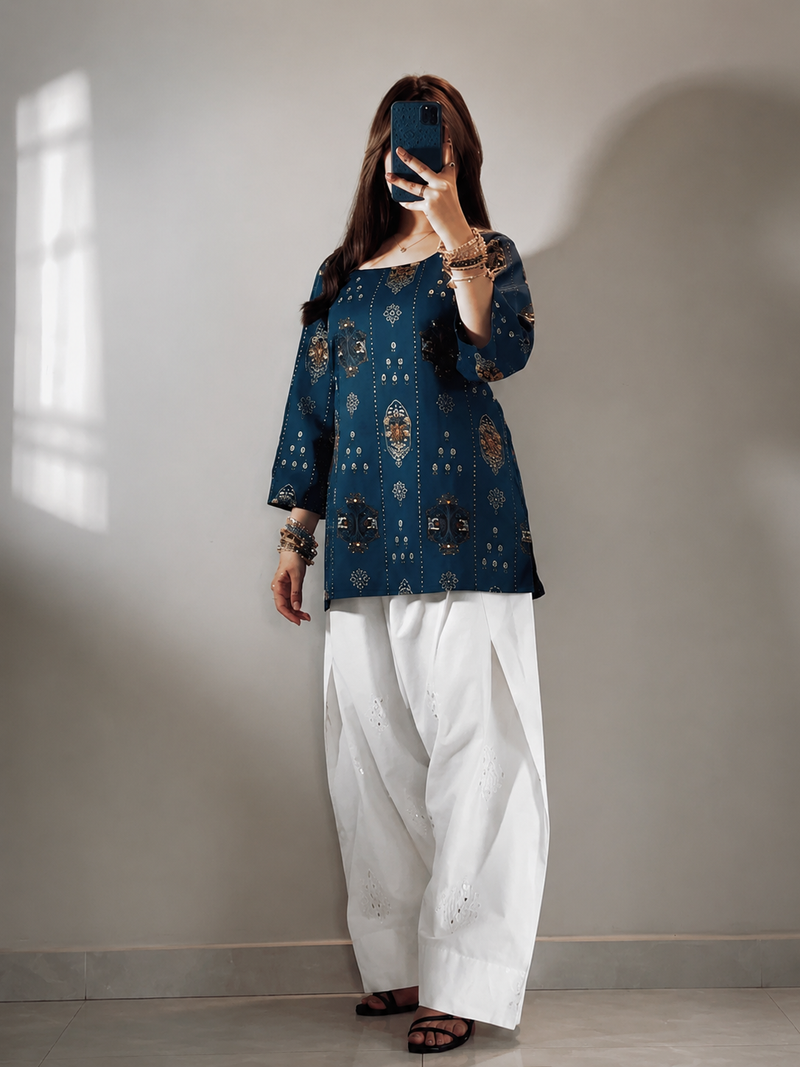 Blue Cotton Boho Print Farshi Set