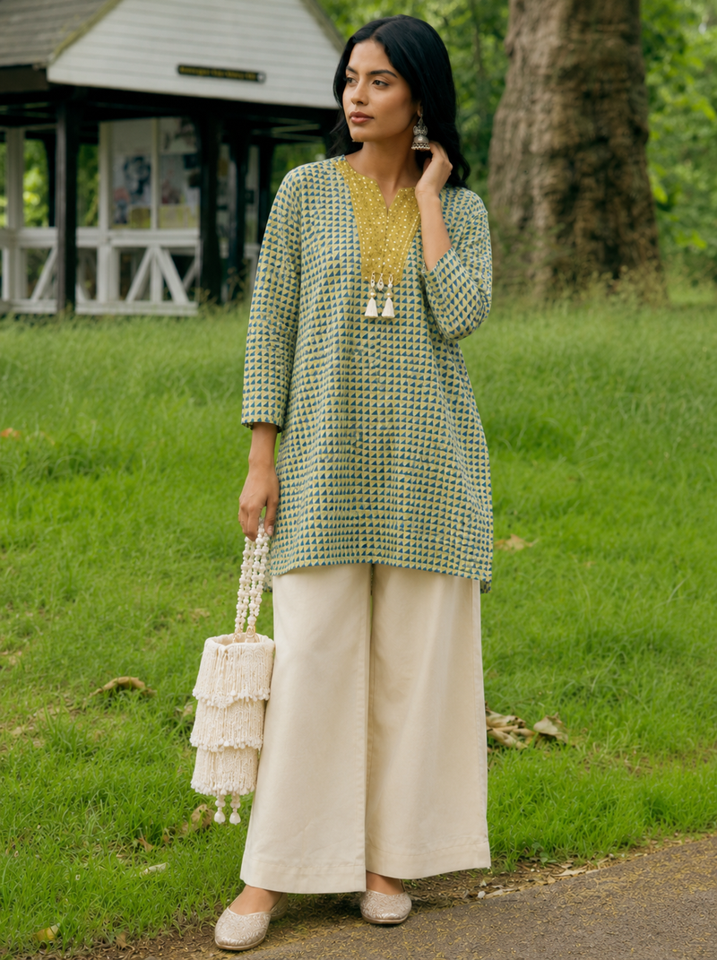 Green Cotton Geometric Co-ord Set