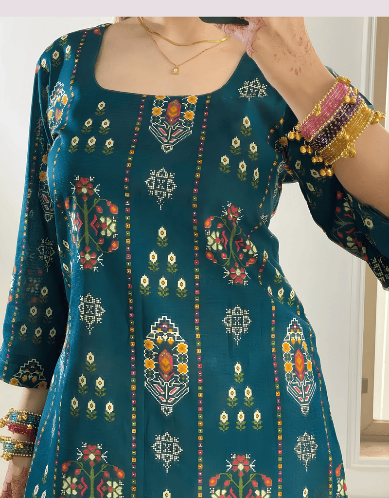 Blue Cotton Boho Print Farshi Set
