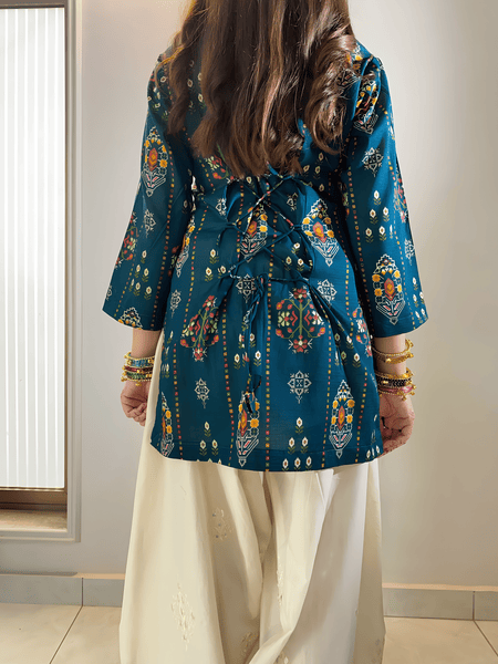 Blue Cotton Boho Print Farshi Set