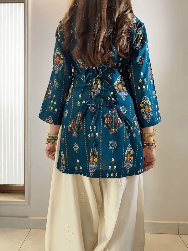 Blue Cotton Boho Print Farshi Set