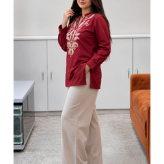 Maroon Tunic with beige pants