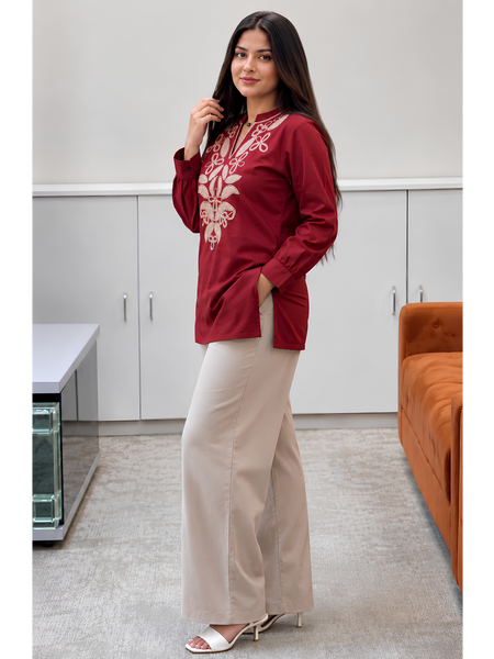 Maroon Tunic with beige pants