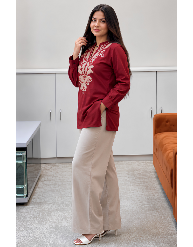 Maroon Tunic with beige pants