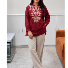 Maroon Tunic with beige pants