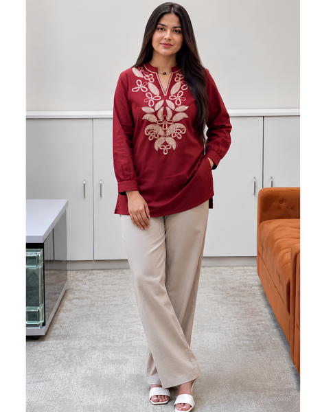 Maroon Tunic with beige pants