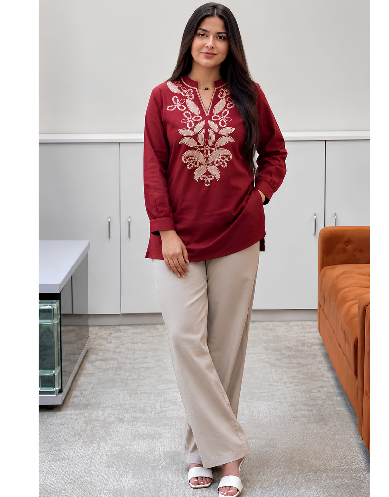 Maroon Tunic with beige pants