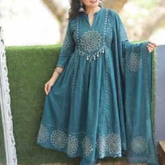 Bandhani Partywear teal blue Anarkali Set